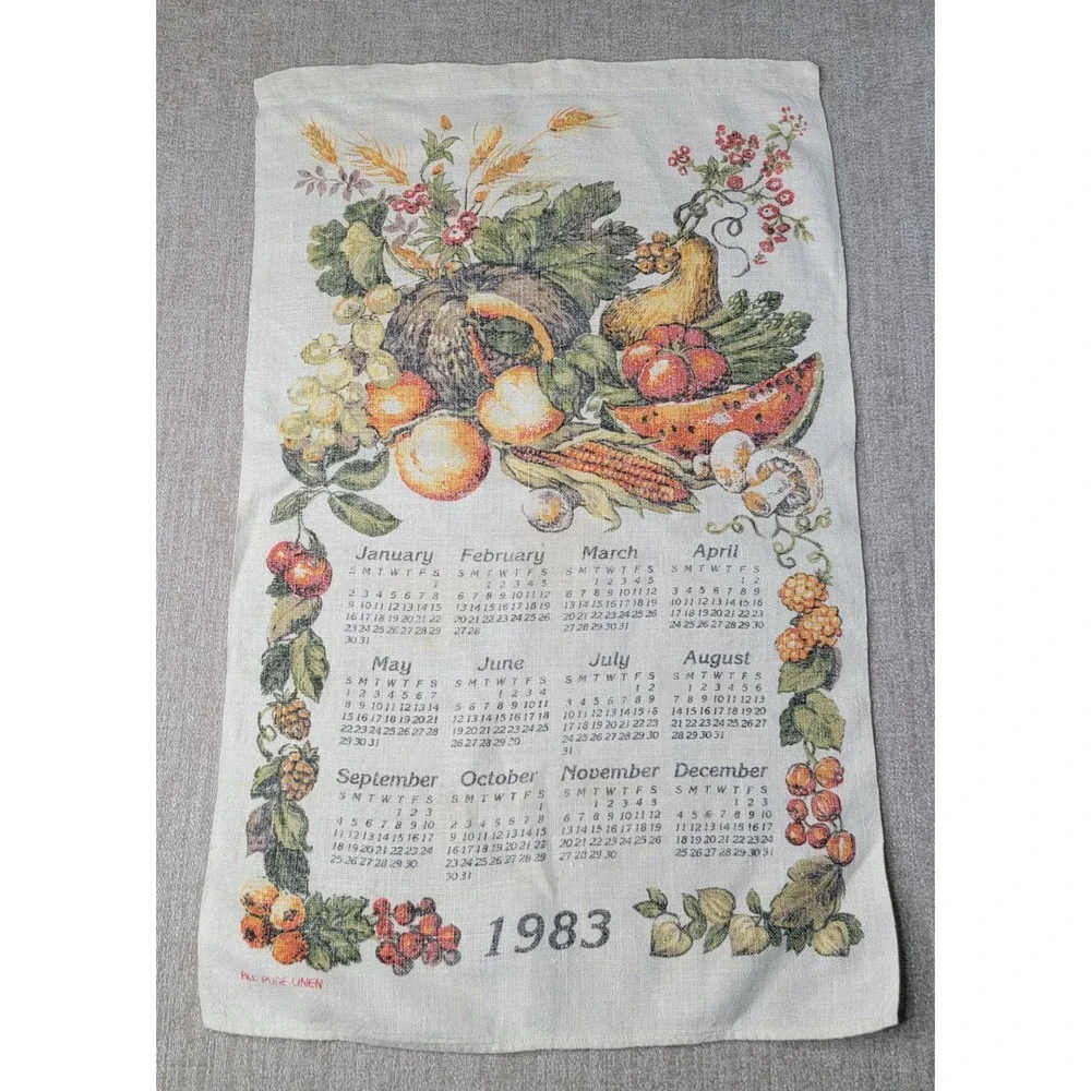 Calendar Tea Towel Cream 1983 Fruit Harvest Pure Linen Vintage
